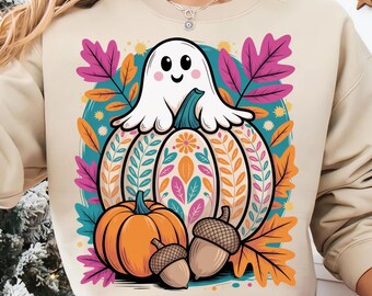Boho Ghost Pumpkin PNG, Fall Halloween Sublimation Design, Colorful Autumn Leaves and Acorn, Cute Retro Ghost Shirt Art Download