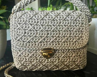 Handmade woven evening shoulder bag. Crochet cross-body with geometric pattern