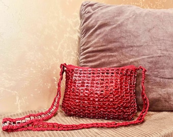 Eco-Friendly Red Crochet Bag with Can Tabs. Recycled Cross-body Bag