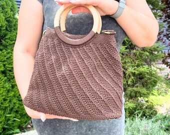 Borsa all'uncinetto con manici in legno – Borsa marrone fatta a mano