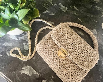 Handmade Crochet Crossbody Bag: Beige Evening Purse with Gold Chain