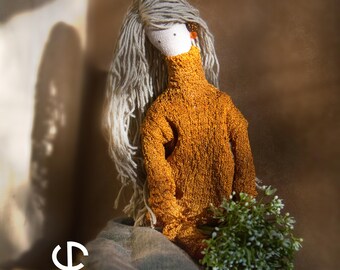 Handmade Textile Doll (55cm) – Collectible Art Doll with Music Box