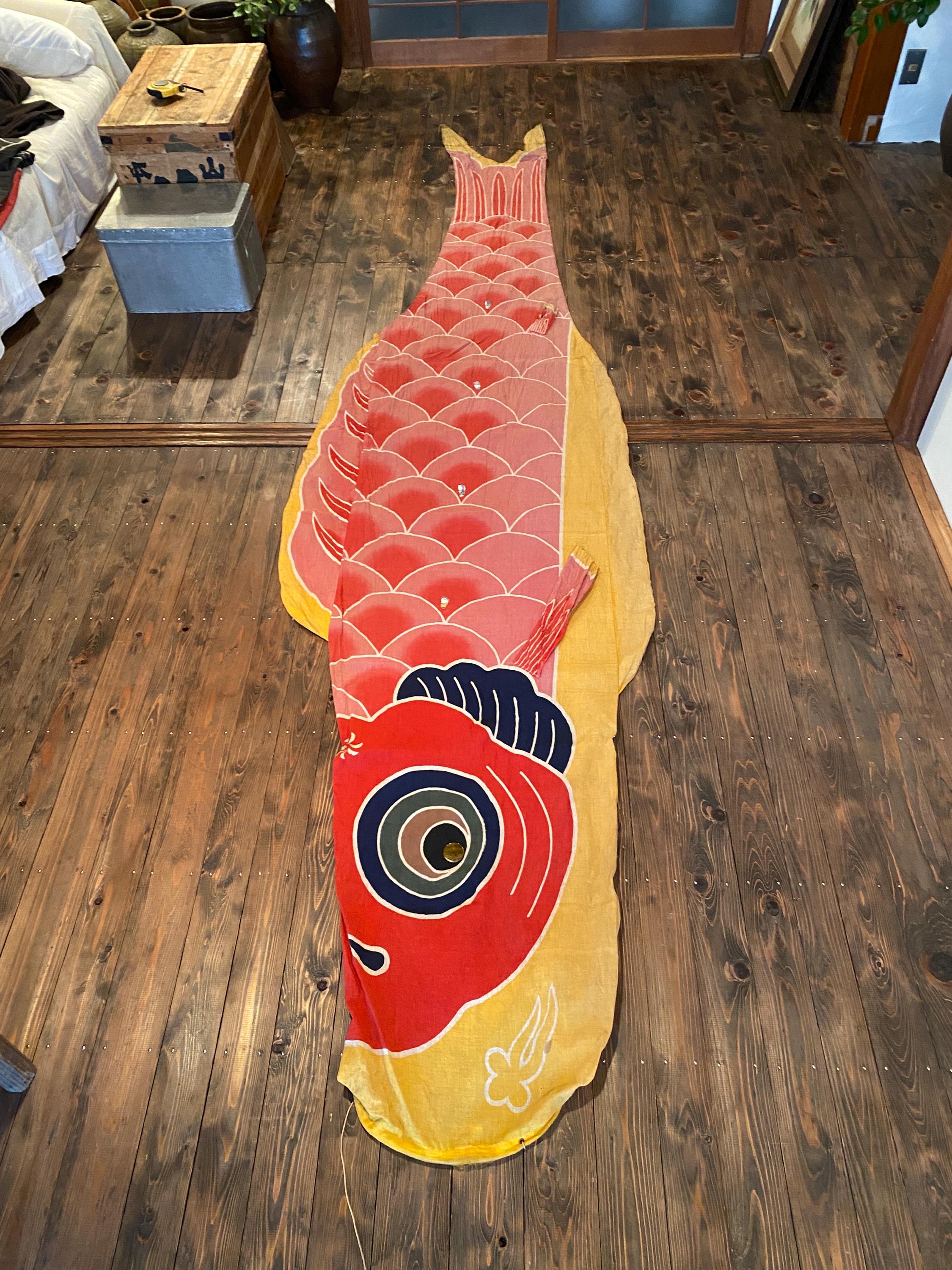 ビンテージ鯉のぼり Antique Japanese Red Koinobori Carp Banner | 3.6m (11.8ft) Vintage