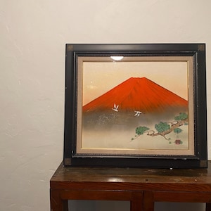 Japanese Painting Mt Fuji Cranes Pine Framed Gold Accents
