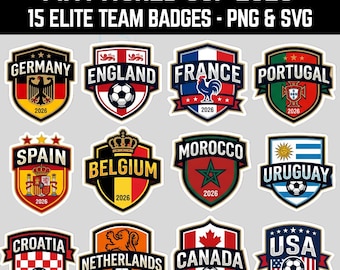 Puede incluir: Una colección de 15 insignias de equipos para la Copa Mundial de la FIFA 2026, con logotipos de Alemania, Inglaterra, Francia, Portugal, España, Bélgica, Marruecos, Uruguay, Croacia, Países Bajos, Canadá y EE. UU. Cada insignia incluye un balón de fútbol y el año 2026.