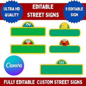 Può includere: Segnali stradali verdi con bordi gialli e disegni di personaggi dei cartoni animati. I segnali presentano personaggi come Cookie Monster, Elmo e Big Bird. Il testo sui segnali recita "EDITABLE STREET SIGNS" e "FULLY EDITABLE CUSTOM STREET SIGNS".