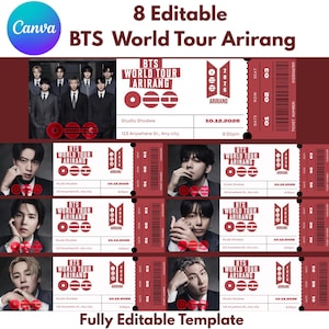 BTS-wereldtournee 2026| Bewerkbare canvassjabloon voor concertkaartje, 8 ontwerpen, digitale download