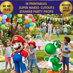 Puede incluir: Una escena de fiesta de cumpleaños con temática de Super Mario con recortes de Mario y Yoshi. La imagen incluye globos, una tarta y el texto "18 Printables Super Mario Cutouts Standee Party Props". La escena está ambientada al aire libre con niños.