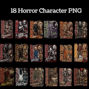 May include: A digital collection of 18 horror character PNG files featuring iconic figures like Annabelle, The Nun, Michael Myers, Beetlejuice, Texas Chainsaw, Saw, Scream, Candyman, Chucky, Terrifier, Trick r Treat, The Shining, Freddy, The Ring, Jason, Jeepers Creepers, Hellraiser, and Pennywise.