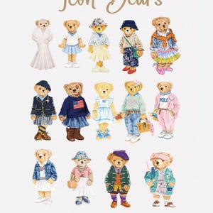 May include: Illustration of various teddy bears dressed in different outfits. The bears are wearing outfits such as a wedding dress, a tennis outfit, a sailor outfit, and a denim jacket. The text "Icon Bears" is at the top of the image.