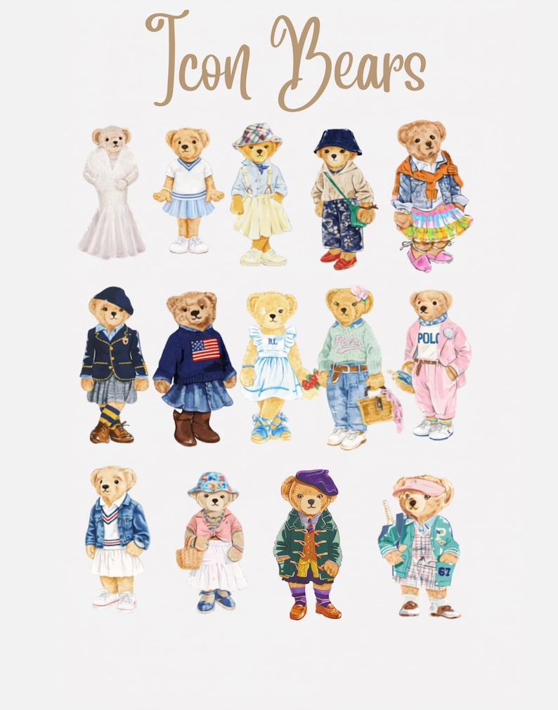 May include: Illustration of various teddy bears dressed in different outfits. The bears are wearing outfits such as a wedding dress, a tennis outfit, a sailor outfit, and a denim jacket. The text "Icon Bears" is at the top of the image.