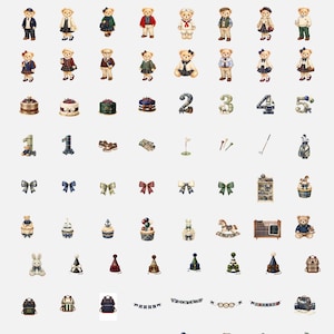 May include: A collection of various illustrations featuring teddy bears in different outfits, cakes, numbers, bows, party hats, and other decorative elements. The bears are dressed in various outfits, including blazers, dresses, and golf attire.