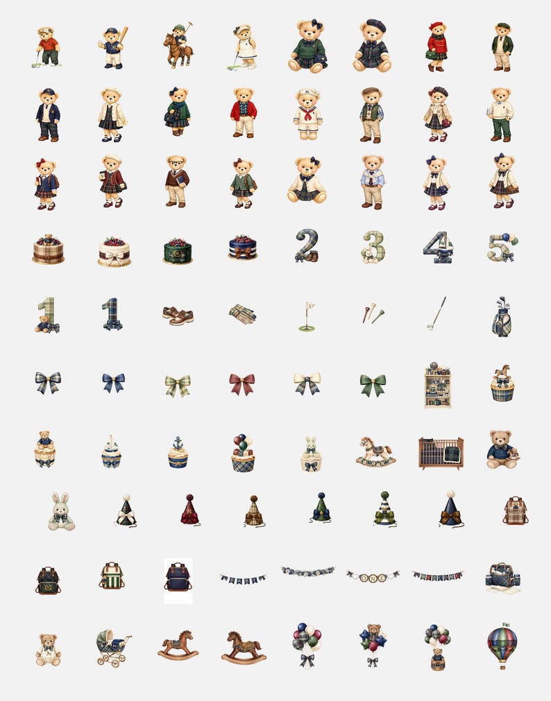 May include: A collection of various illustrations featuring teddy bears in different outfits, cakes, numbers, bows, party hats, and other decorative elements. The bears are dressed in various outfits, including blazers, dresses, and golf attire.
