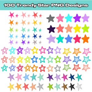 May include: A collection of 100 star designs in various colors and patterns, including solid, outlined, and animal print styles. The text 100 Trendy Star PNG Designs is displayed at the top. These graphic elements are arranged in rows.