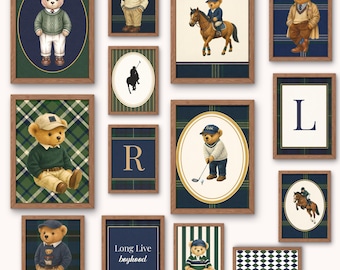 Ralph Lauren Polo Inspired Bear Nursery Wall Art - Set of 14 - Green and Blue