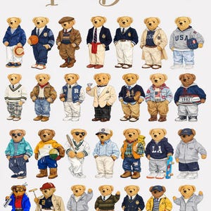 May include: A collection of twenty-eight illustrated teddy bears arranged in four rows, each wearing distinct outfits ranging from formal blazers and sweaters to casual hoodies and sportswear. The text Icon Bears is centered at the top.