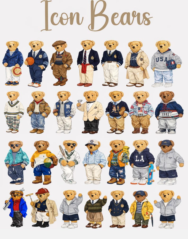 May include: A collection of twenty-eight illustrated teddy bears arranged in four rows, each wearing distinct outfits ranging from formal blazers and sweaters to casual hoodies and sportswear. The text Icon Bears is centered at the top.