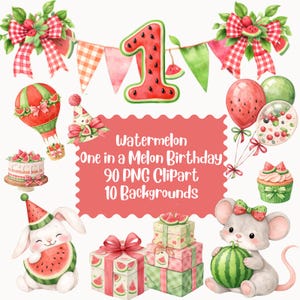 Peut inclure: Ensemble de cliparts aquarelle sur le thème de la pastèque. Comprend un chiffre un en forme de pastèque, des ballons, une montgolfière, un gâteau, des boîtes cadeaux, un lapin et une souris. Le texte indique "Watermelon One in a Melon Birthday 90 PNG Clipart 10 Backgrounds."