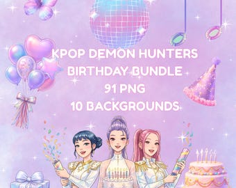 Paquete de imágenes prediseñadas de cumpleaños de Kpop, gráficos de ídolos en tonos pastel, decoraciones para fiestas (descarga digital)
