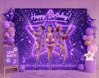 Sfondo per compleanno KPOP PNG / Striscione per festa al neon viola / Decorazioni per compleanno a tema idol / Sfondo per cabina fotografica / Download digitale