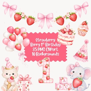 Strawberry Berry First Birthday Clipart Bundle, Pink Watercolor Party Decorations (Digital Download)