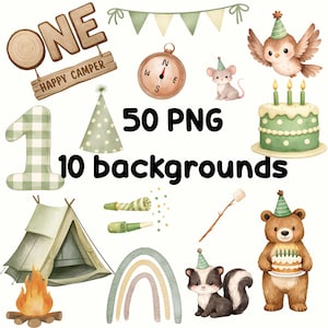May include: Watercolor illustrations for a first birthday, featuring a camping theme. Includes a wooden sign that says "Happy Camper", a compass, a cake, a bear holding a cake, a skunk, a tent, and the text "50 PNG 10 backgrounds".
