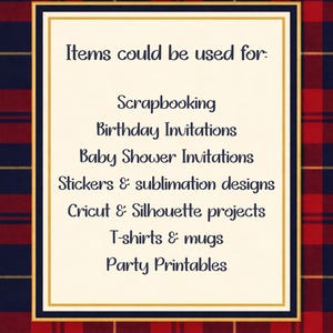 May include: A cream-colored rectangular sign with gold and navy blue borders, set against a red and navy plaid background. The sign lists various uses, including scrapbooking, invitations, stickers, and Cricut projects.