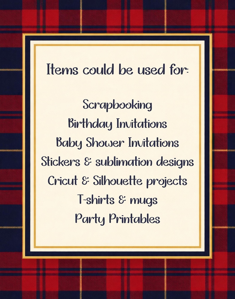 May include: A cream-colored rectangular sign with gold and navy blue borders, set against a red and navy plaid background. The sign lists various uses, including scrapbooking, invitations, stickers, and Cricut projects.