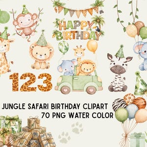 Wild One Jungle Safari Watercolor Clipart, Animals, Birthday, Baby Shower (70 PNG)