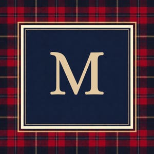 May include: A navy blue square with a gold border and a large gold letter "M" is centered on a red and black plaid background. The plaid pattern features a repeating grid of red, black, and gold lines.
