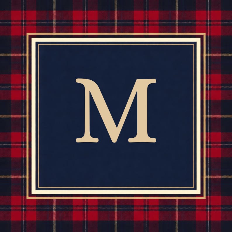 May include: A navy blue square with a gold border and a large gold letter "M" is centered on a red and black plaid background. The plaid pattern features a repeating grid of red, black, and gold lines.