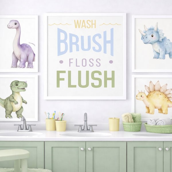 Dinosaur-Themed Kids Bathroom Wall Art Set