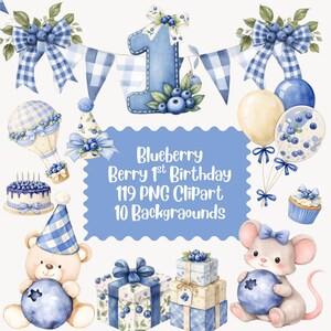 May include: A collection of watercolor illustrations with a blueberry theme. Includes a number one, balloons, a teddy bear, a mouse, gift boxes, a cake, and a hot air balloon. The text reads "Blueberry Berry 1st Birthday 119 PNG Clipart 10 Backgrounds."