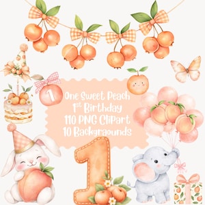 Watercolor Peach Clipart Bundle, One Sweet Peach 1st Birthday PNG, Baby Shower Decor