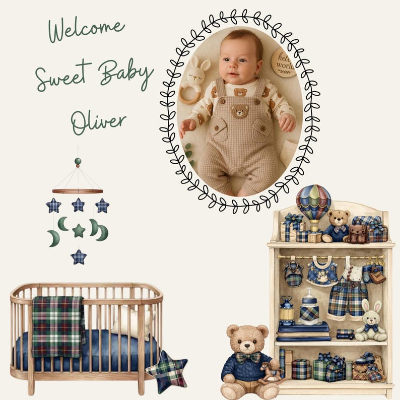 May include: A nursery scene with a baby in a bear-themed outfit inside an oval frame. The text "Welcome Sweet Baby Oliver" is displayed. A crib, mobile, and shelf with baby items, including a teddy bear, are also shown.