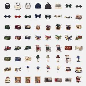 May include: A collection of baby clothing and accessories, including dresses, overalls, bibs, hats, and bow ties. Also featured are toy airplanes, trains, rocking chairs, lamps, chests, cakes, and teddy bears.
