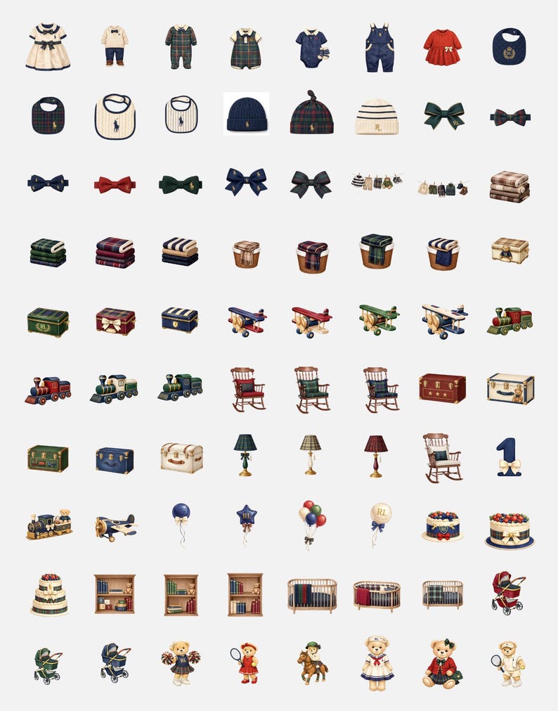 May include: A collection of baby clothing and accessories, including dresses, overalls, bibs, hats, and bow ties. Also featured are toy airplanes, trains, rocking chairs, lamps, chests, cakes, and teddy bears.