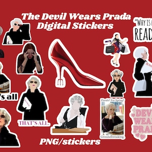 Zestaw naklejek „Diabeł ubiera się u Prady” 14 naklejek cyfrowych w formacie PNG, do druku, estetyczny planer i dekoracja dziennika „Boss Babe”
