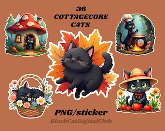 36 Cottagecore Black Cat Stickers PNG  Cozy Forest Aesthetic  Cute Digital Download for Planners Journals Cricut Scrapbooking