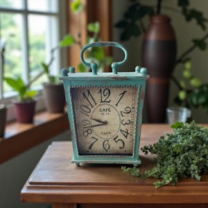 Vintage Café de la Gare Distressed Teal Wall Clock – French-Inspired Metal Decor, Shabby Chic Rustic Accent for Kitchen or Entryway