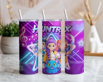 20oz Kpop Anime Girl Tumbler Wrap, Neon Star Music Notes, Cute Blue Cat, Girl Group Digital PNG Sublimation Design for Pop Fan Gifts