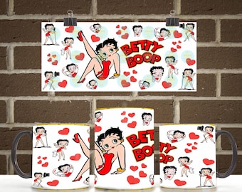 Kubek Retro Pin Up Girl 11oz/15oz w opakowaniu PNG | Kubek do kawy Retro z kreskówkowym wzorem, bezszwowy, z nadrukiem sublimacyjnym | Pobierz plik PNG