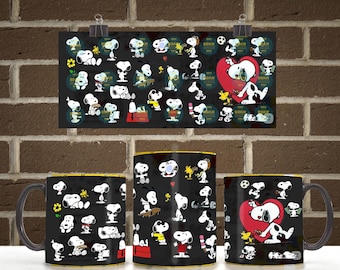 Kubek Snoopy 11oz/15oz w opakowaniu PNG | Uroczy, kreskówkowy kubek do kawy z psem, bezszwowy wzór sublimacji | Pobierz plik PNG