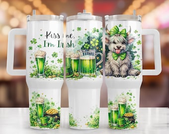 St Patricks Day 40oz Tumbler Wrap PNG | Kiss Me I’m Irish Highland Cow Stanley Cup Sublimation Design | Digital Download