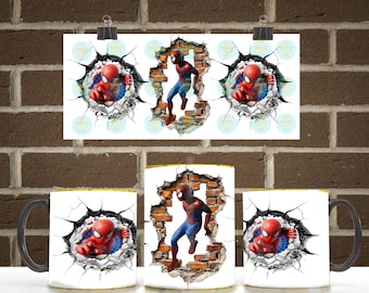 Spiderman 11oz 15oz Mug Wrap PNG | Superhero Wall Break Coffee Mug Seamless Sublimation Design | Digital Download PNG File