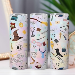 May include: Three stainless steel tumblers with a colorful design featuring various Harry Potter-themed illustrations and phrases. The design includes a sorting hat, glasses, and the phrase "Expecto Patronum."