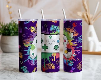 Gamer Controller 20oz Tumbler Wrap PNG | Colorful Video Game Sublimation Design | Neon Digital Download