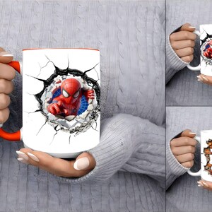 Może przedstawiać: Biały ceramiczny kubek z jaskrawopomarańczowym uchwytem i obrzeżem, ozdobiony grafiką superbohatera Spider-Mana wyłaniającego się z pękniętej ściany. Wz&oacute;r przedstawia postać w czerwono-niebieskim kostiumie, tworząc efekt 3D na powierzchni kubka.