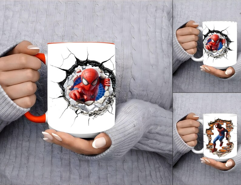 Może przedstawiać: Biały ceramiczny kubek z jaskrawopomarańczowym uchwytem i obrzeżem, ozdobiony grafiką superbohatera Spider-Mana wyłaniającego się z pękniętej ściany. Wz&oacute;r przedstawia postać w czerwono-niebieskim kostiumie, tworząc efekt 3D na powierzchni kubka.