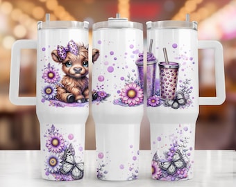 40oz Tumbler Wrap PNG | Cute Highland Cow Stanley Tumbler Design | Purple Floral Boba Tea Universal Wrap Digital Download